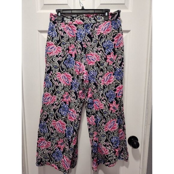 Loft Pants Womens Medium Black Pink Fluid Wide Leg Floral Spring Bloom Pockets - Picture 2 of 7